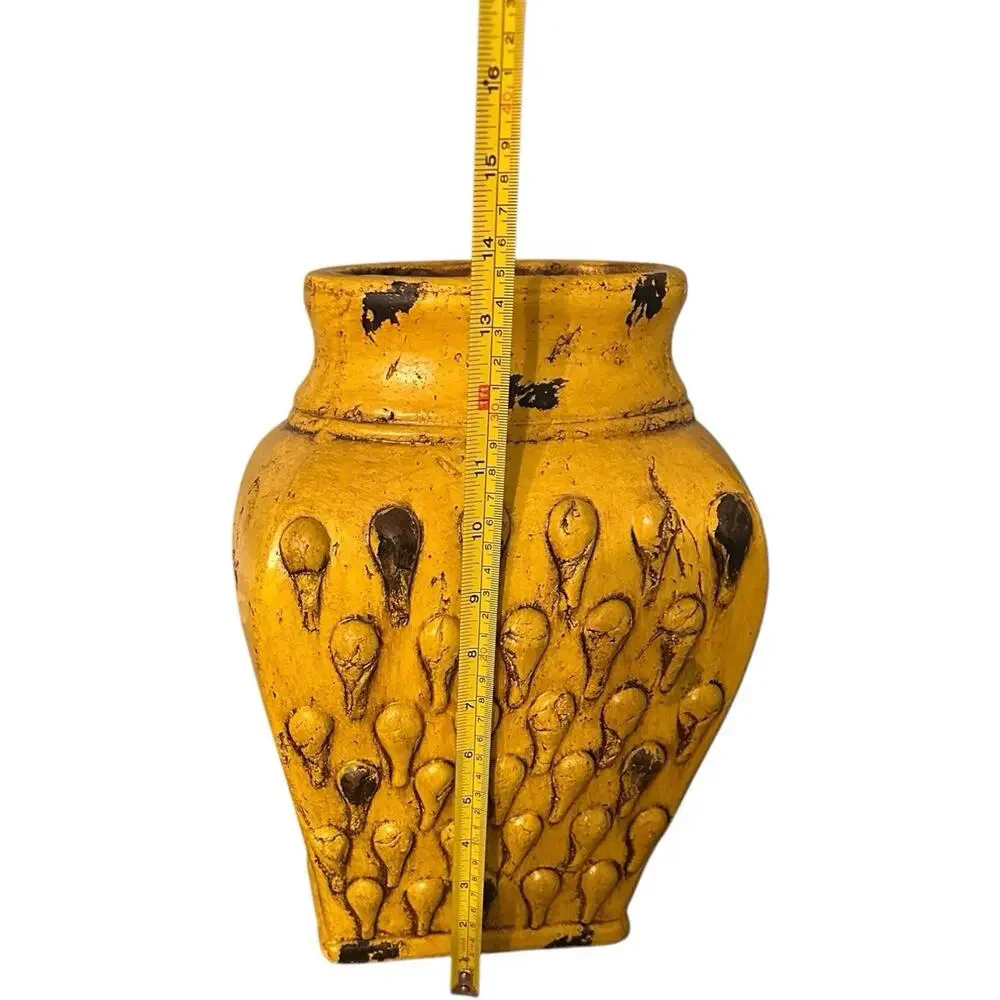 Mid Century Italian Yellow-Gold Distressed Ceramic Pottery 14” Tall Vase Rustic